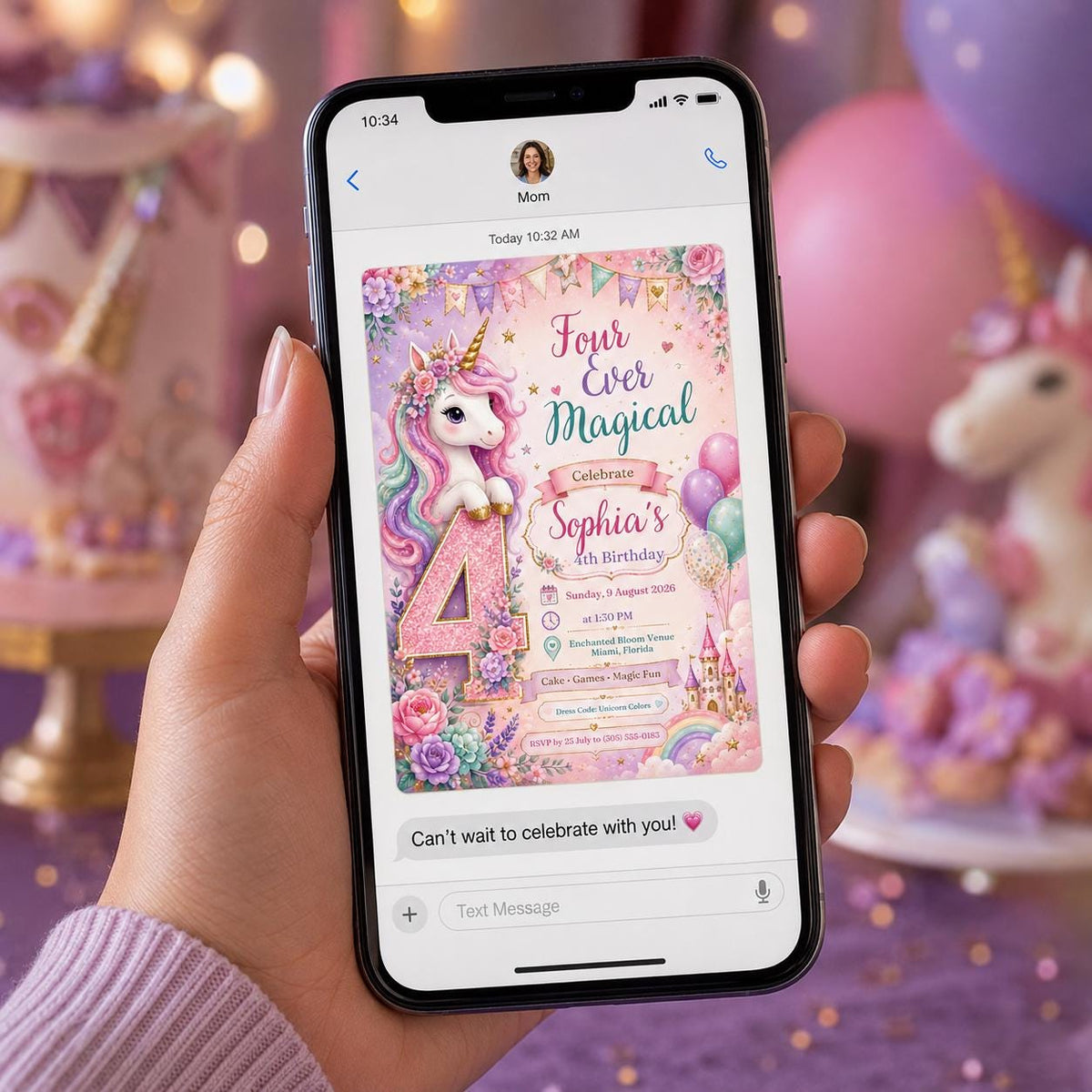 Rainbow Pastel Unicorn 4th Birthday Invitation for Girls — digital invitation, instant download