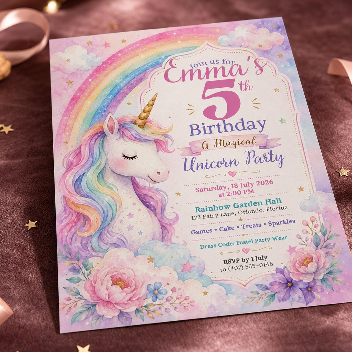 Rainbow Pastel Unicorn 5th Birthday Invitation for Girls — invitation you personalize in Canva