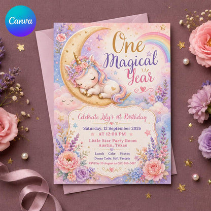 Rainbow Pastel Unicorn First Birthday Invitation for Girls — editable Canva template