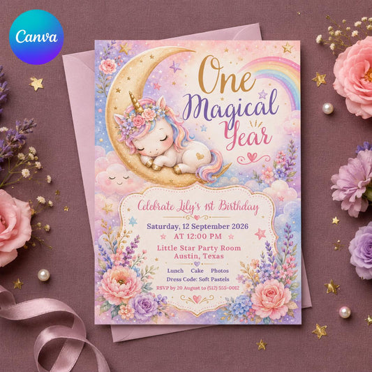 Rainbow Pastel Unicorn First Birthday Invitation for Girls — editable Canva template