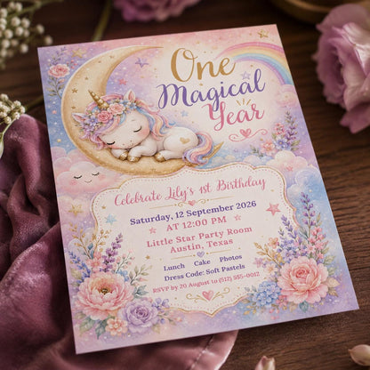 Rainbow Pastel Unicorn First Birthday Invitation for Girls — invitation you personalize in Canva