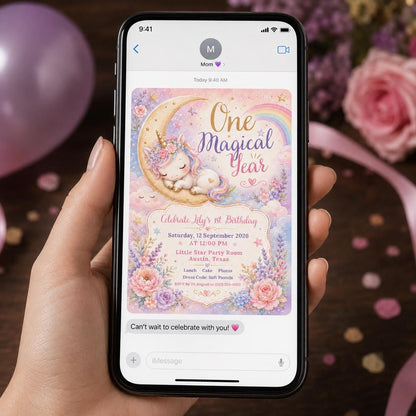 Rainbow Pastel Unicorn First Birthday Invitation for Girls — print-ready first birthday design from VoltBy