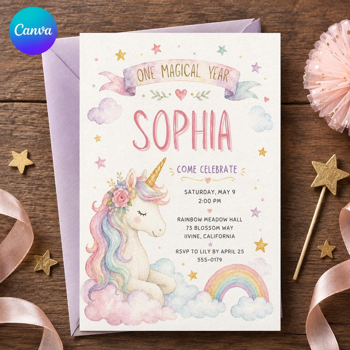 Rainbow Pastel Unicorn First Birthday Invitation — editable Canva template