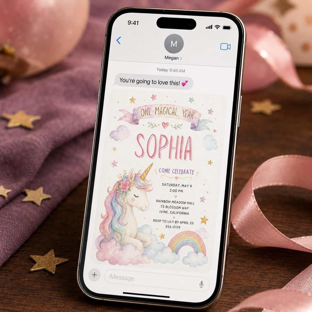 Rainbow Pastel Unicorn First Birthday Invitation — magic design