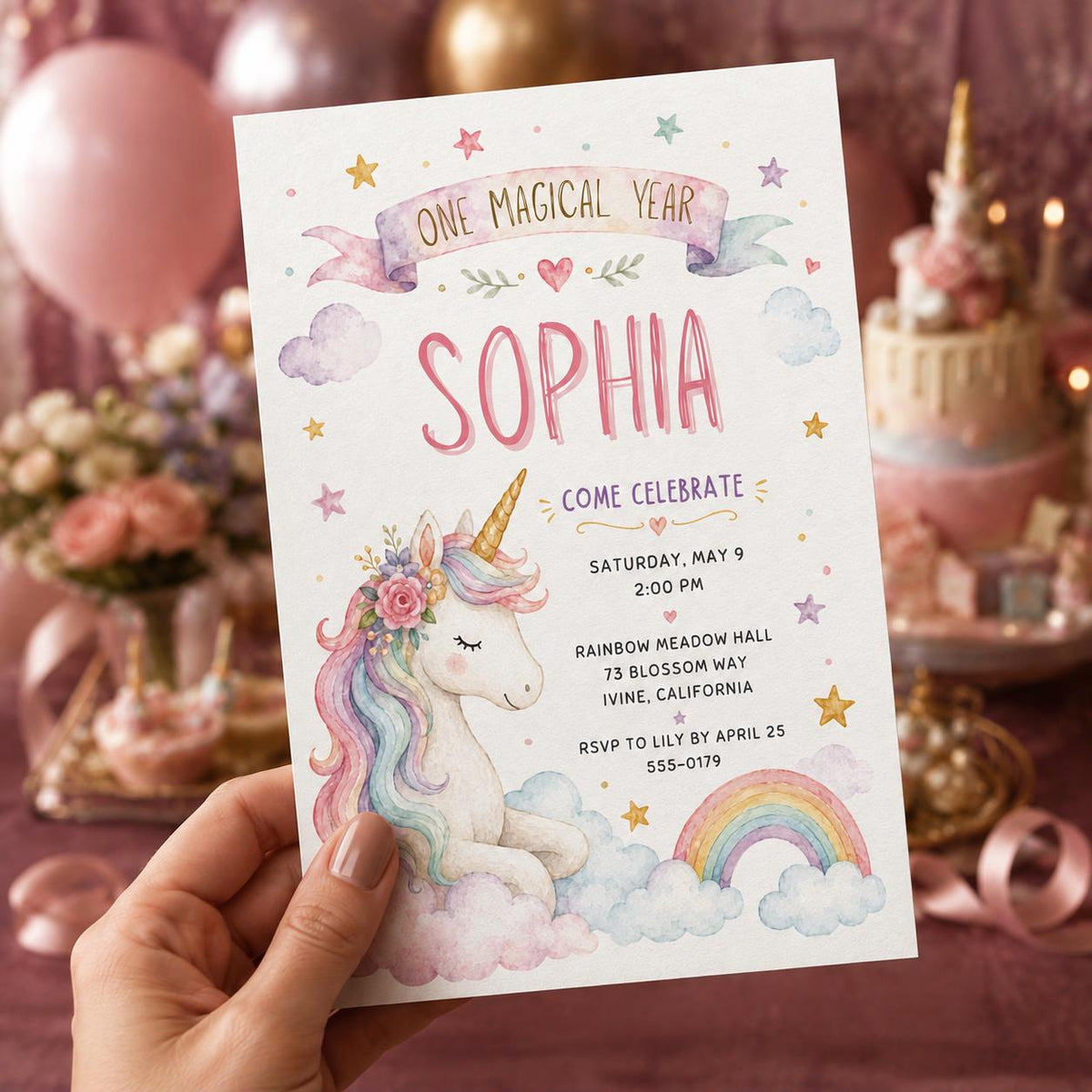 Rainbow Pastel Unicorn First Birthday Invitation — invitation you personalize in Canva