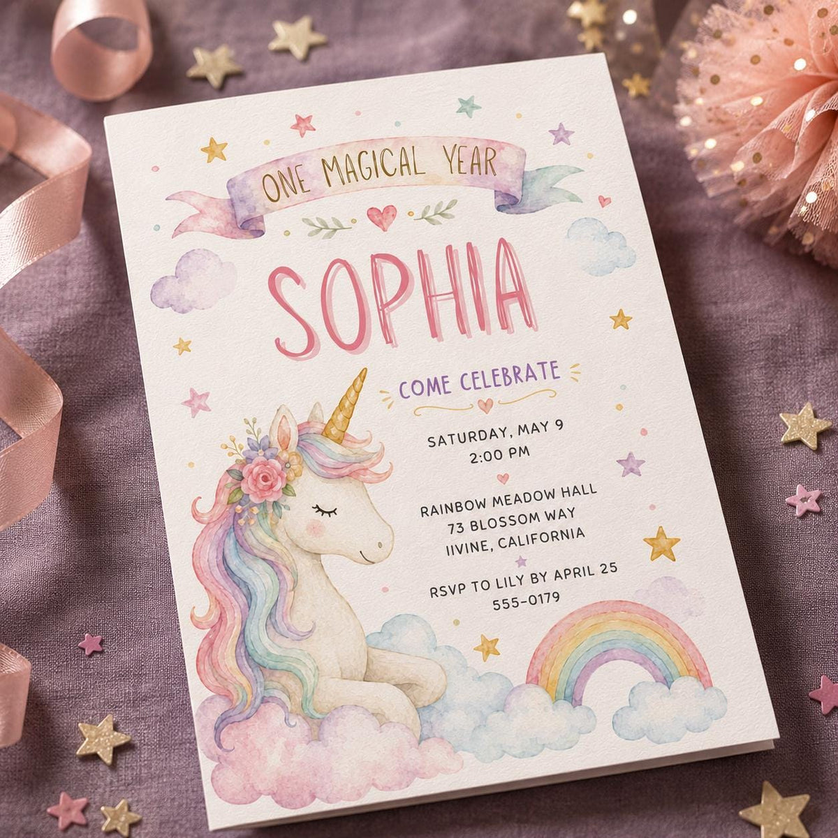 Rainbow Pastel Unicorn First Birthday Invitation — digital invitation, instant download