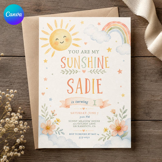 Rainbow Pastel You Are My Sunshine First Birthday Invitation for Girls — editable Canva template