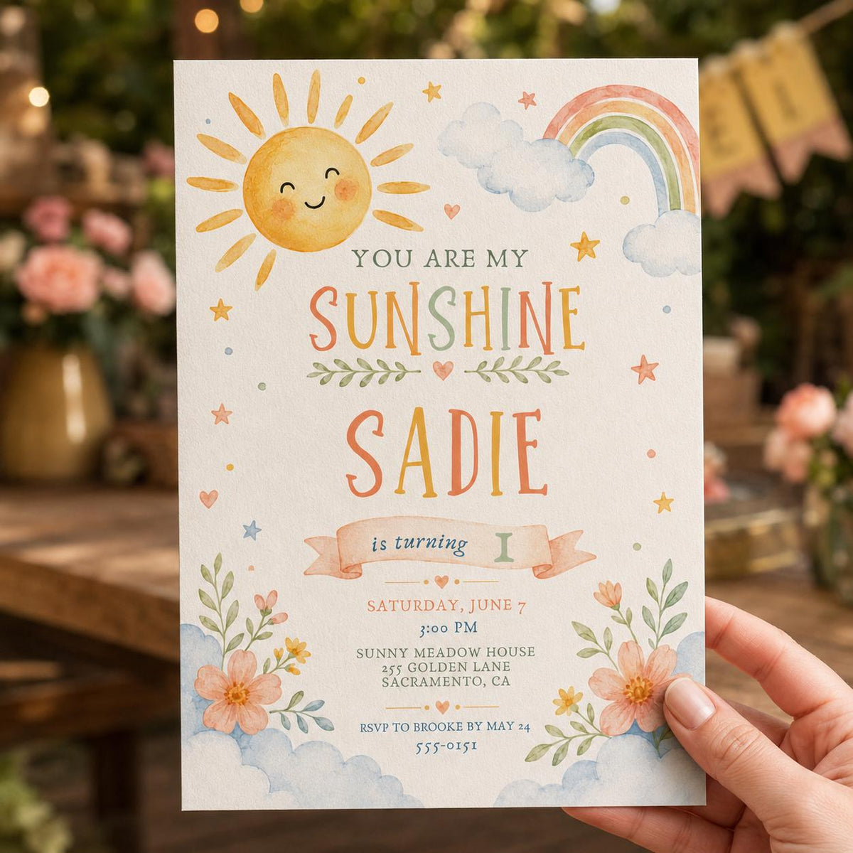 Rainbow Pastel You Are My Sunshine First Birthday Invitation for Girls — invitation you personalize in Canva