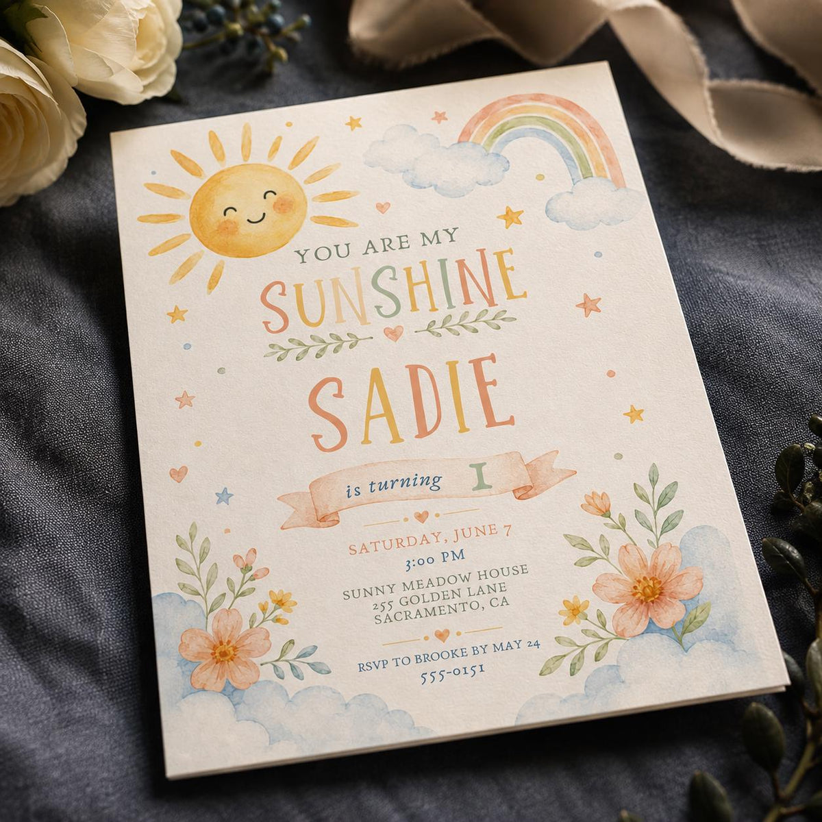 Rainbow Pastel You Are My Sunshine First Birthday Invitation for Girls — digital invitation, instant download