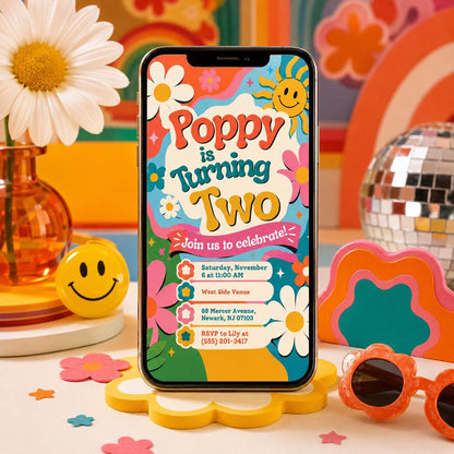 Rainbow Retro Groovy Birthday Invitation — daisy and disco ball design