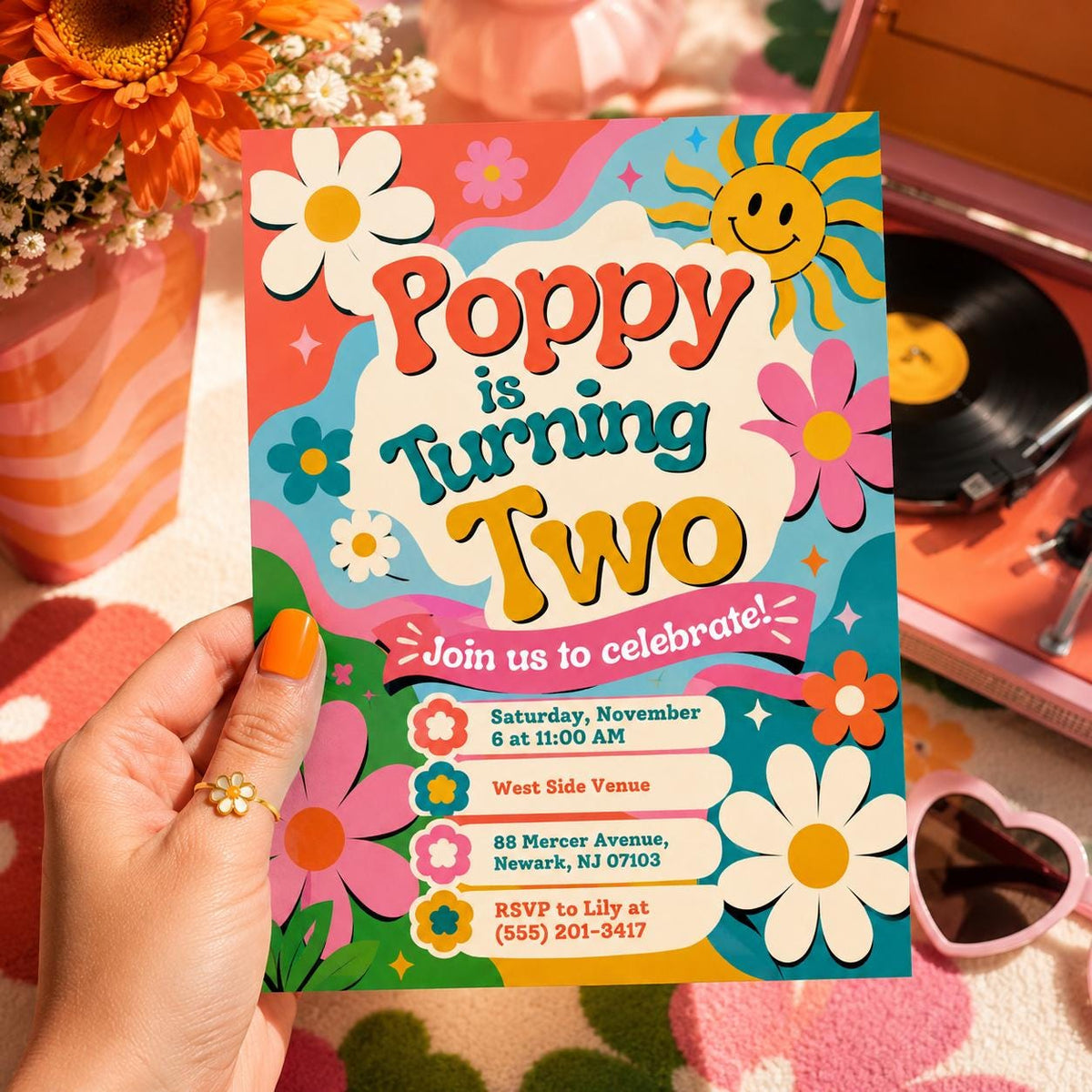 Rainbow Retro Groovy Birthday Invitation — invitation you personalize in Canva