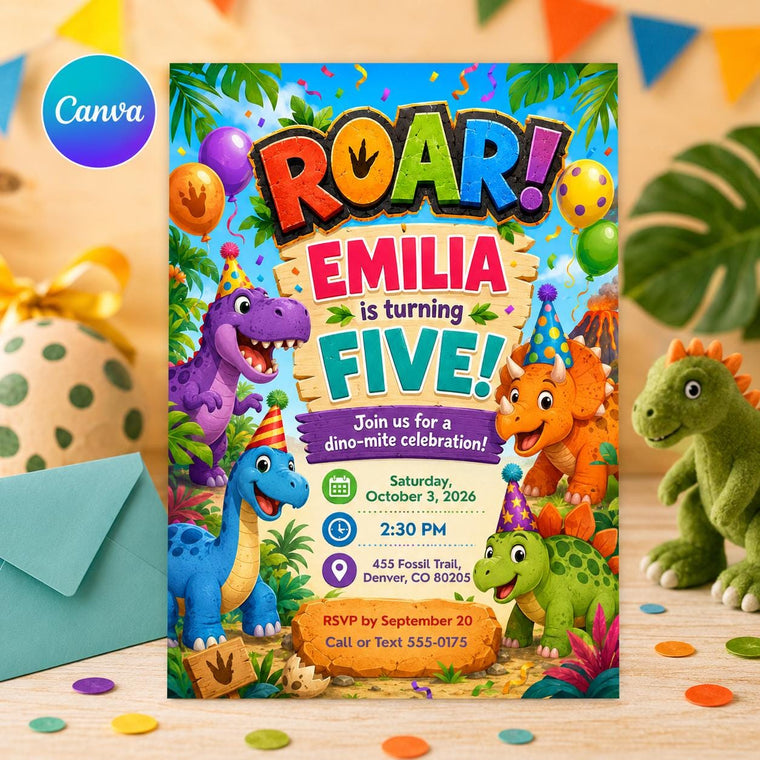 Rainbow Roar Dinosaur 5th Birthday Invitation