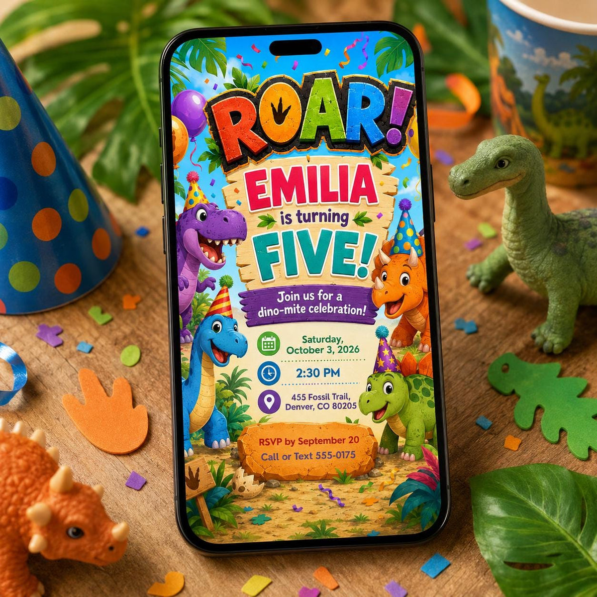 Rainbow Roar Dinosaur 5th Birthday Invitation in green