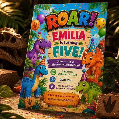 Rainbow Roar Dinosaur 5th Birthday Invitation — balloon design
