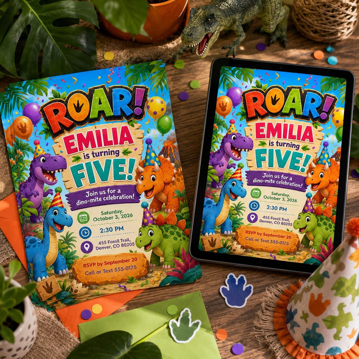 Rainbow Roar Dinosaur 5th Birthday Invitation — invitation you personalize in Canva