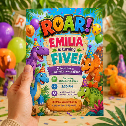 Rainbow Roar Dinosaur 5th Birthday Invitation — balloon artwork in green
