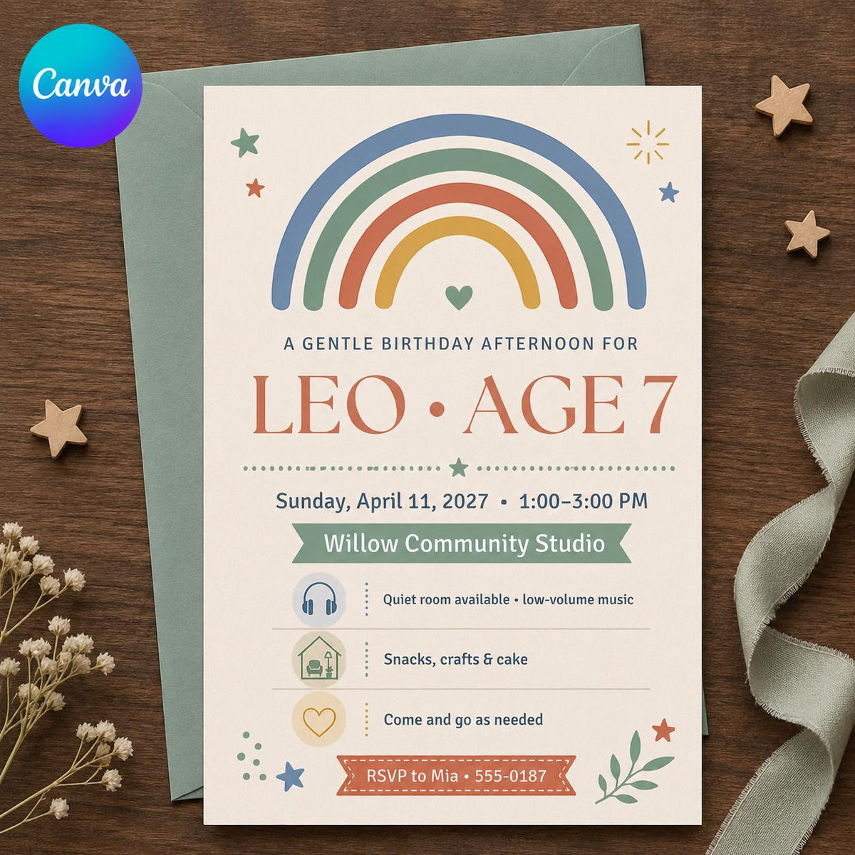 Rainbow Sensory Friendly Birthday Invitation — editable Canva template
