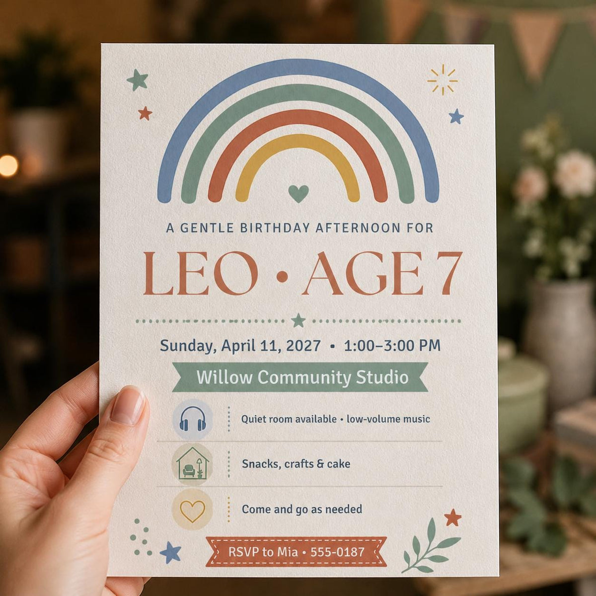 Rainbow Sensory Friendly Birthday Invitation — print-ready birthday party design from VoltBy