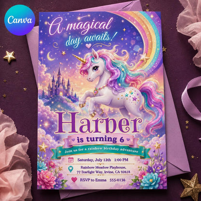 Rainbow Unicorn 6th Birthday Invitation for Girls — editable Canva template