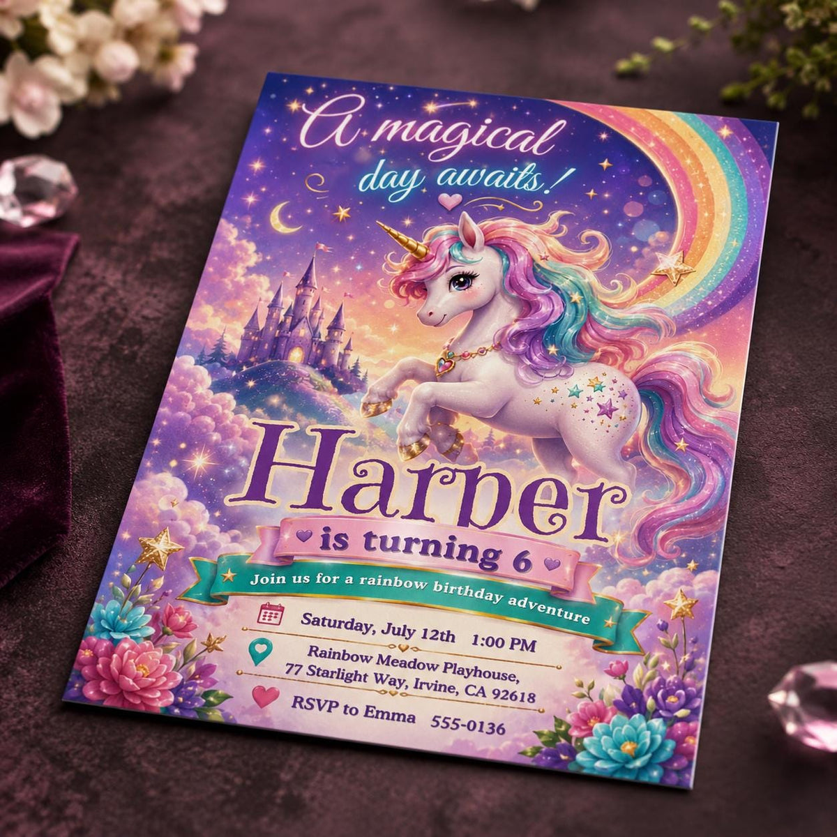 Rainbow Unicorn 6th Birthday Invitation for Girls — castle and magic design