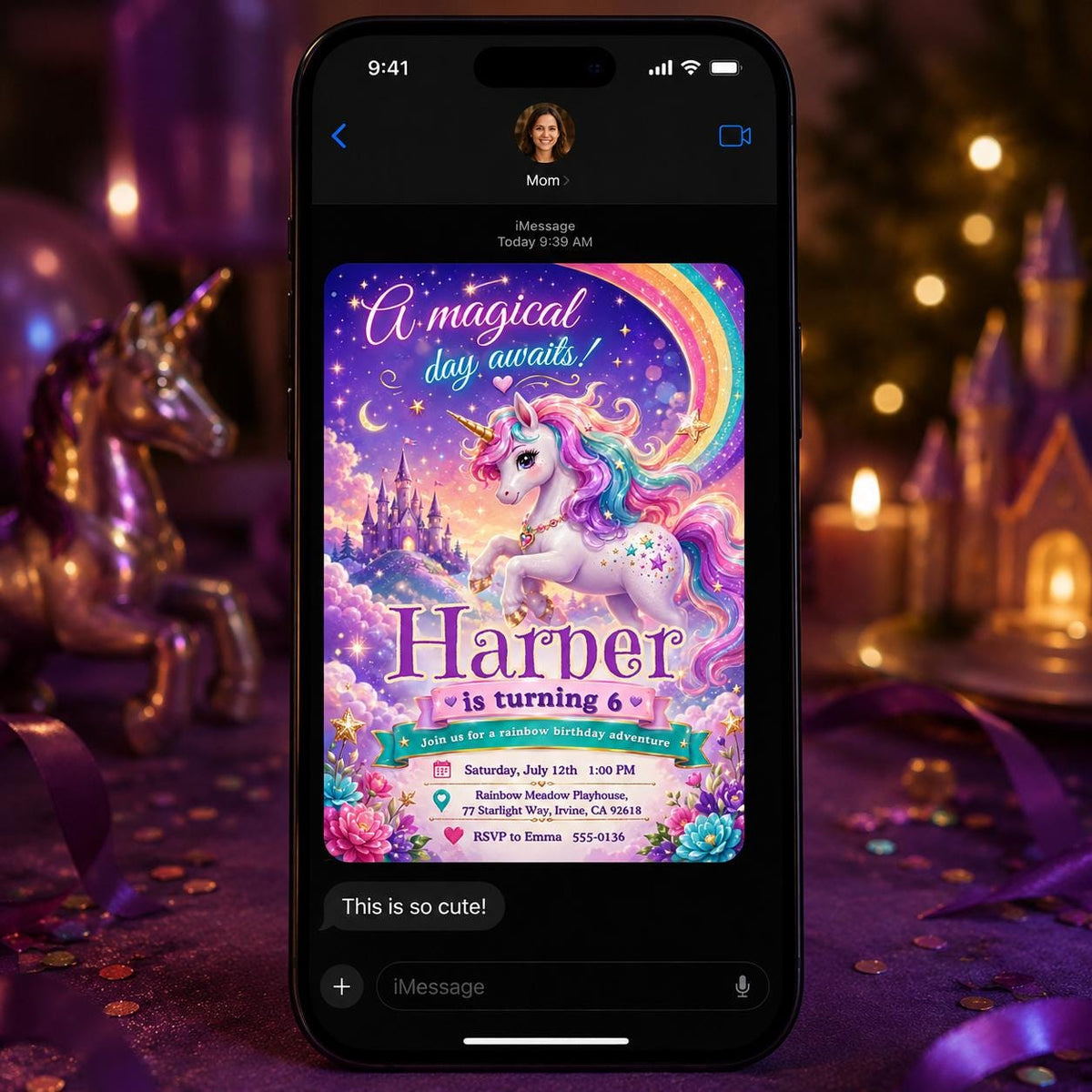Rainbow Unicorn 6th Birthday Invitation for Girls — invitation you personalize in Canva
