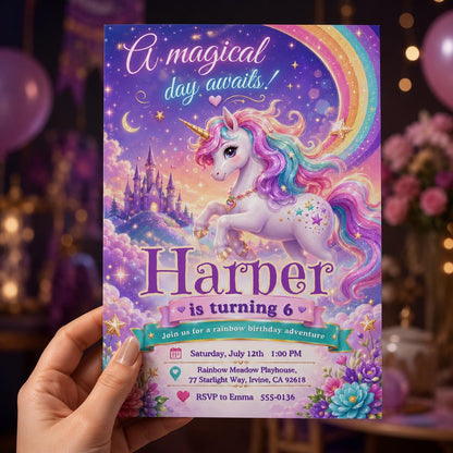 Rainbow Unicorn 6th Birthday Invitation for Girls — print-ready 6th birthday party design from VoltBy
