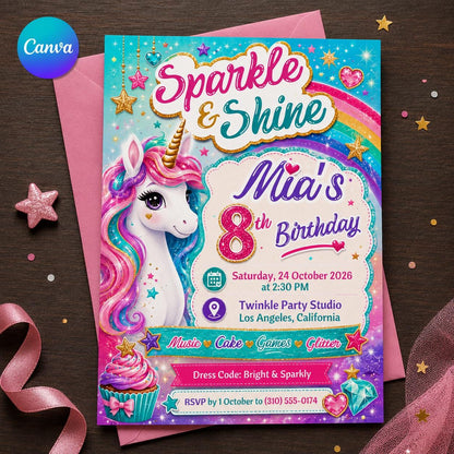 Rainbow Unicorn 8th Birthday Invitation for Girls — editable Canva template