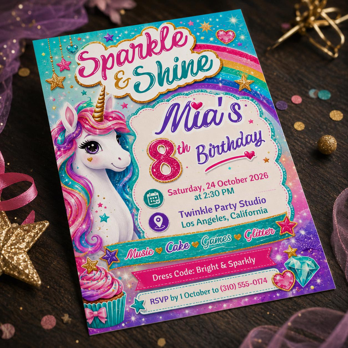 Rainbow Unicorn 8th Birthday Invitation for Girls — magic and sparkle design