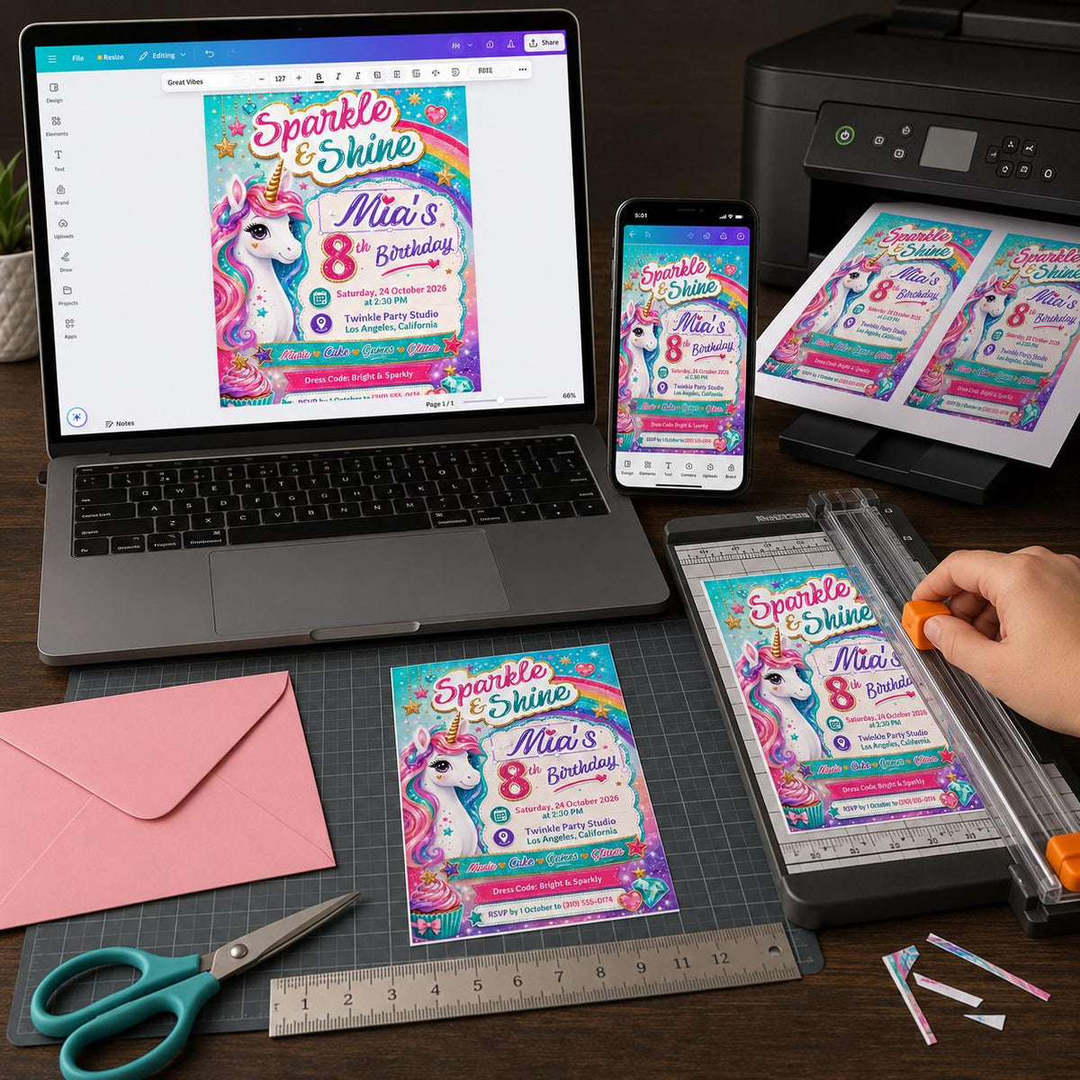 Rainbow Unicorn 8th Birthday Invitation for Girls — invitation you personalize in Canva