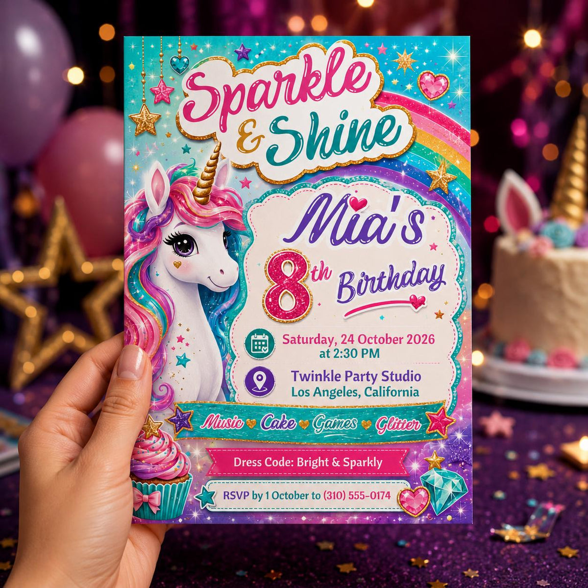 Rainbow Unicorn 8th Birthday Invitation for Girls — print-ready 8th birthday party design from VoltBy