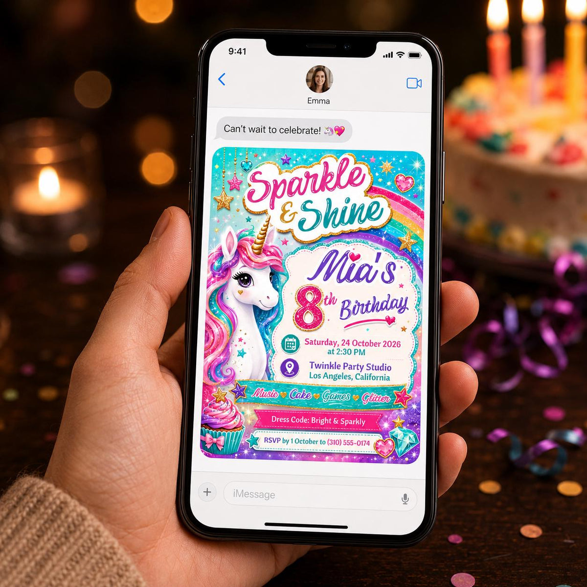 Rainbow Unicorn 8th Birthday Invitation for Girls — digital invitation, instant download
