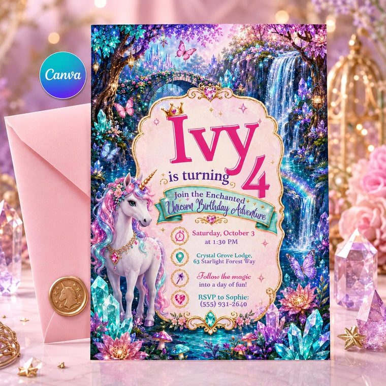 Rainbow Unicorn Birthday Invitation for Girls