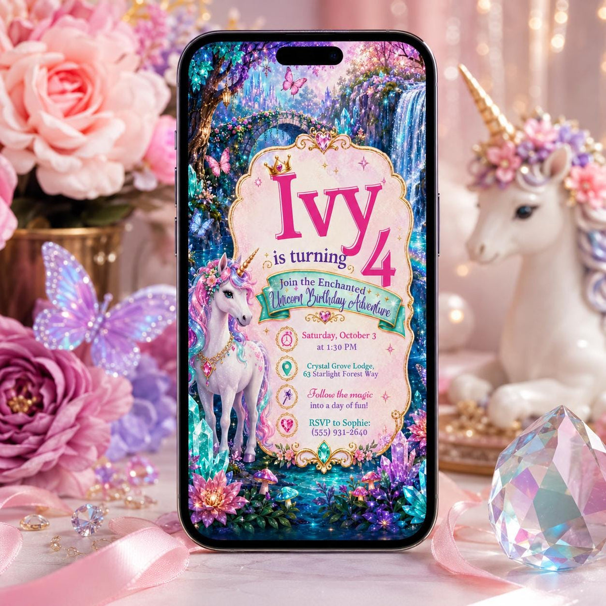 Rainbow Unicorn Birthday Invitation for Girls — fairy and magic design