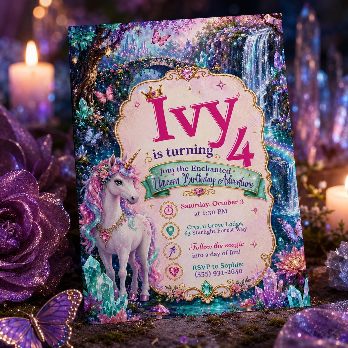 Rainbow Unicorn Birthday Invitation for Girls — invitation you personalize in Canva