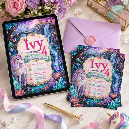 Rainbow Unicorn Birthday Invitation for Girls — print-ready birthday party design from VoltBy