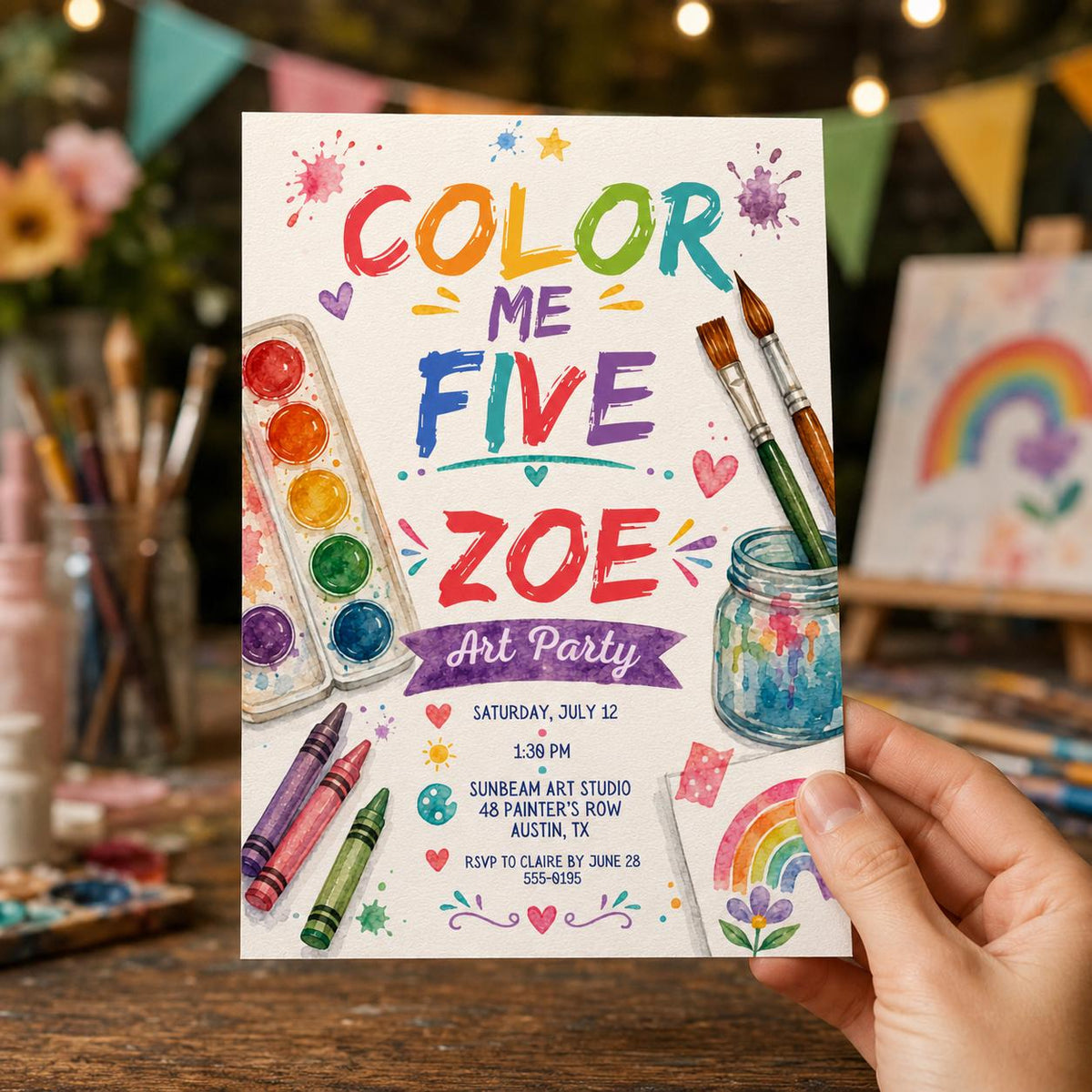 Rainbow Watercolor 5th Birthday Art Party Invitation — print-ready 5th birthday party design from VoltBy