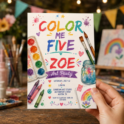 Rainbow Watercolor 5th Birthday Art Party Invitation — print-ready 5th birthday party design from VoltBy