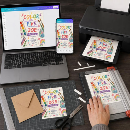 Rainbow Watercolor 5th Birthday Art Party Invitation — digital invitation, instant download