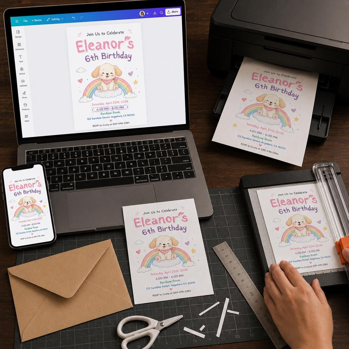 Rainbow Watercolor Puppy 6th Birthday Invitation for Girls — pastel 6th birthday party design