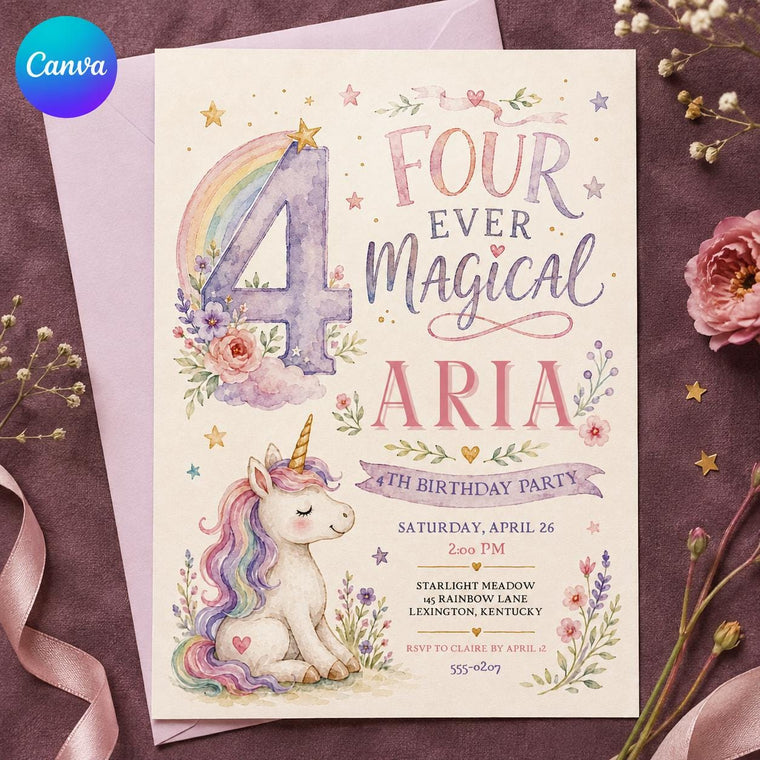 Rainbow Watercolor Unicorn 4th Birthday Invitation for Girls