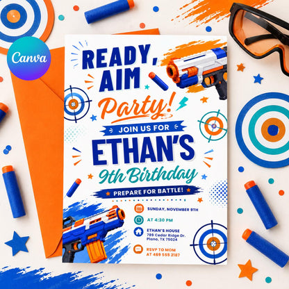 Ready Aim Party Foam Dart 9th Birthday Invitation — editable Canva template