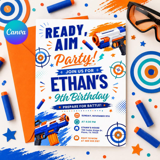 Ready Aim Party Foam Dart 9th Birthday Invitation — editable Canva template