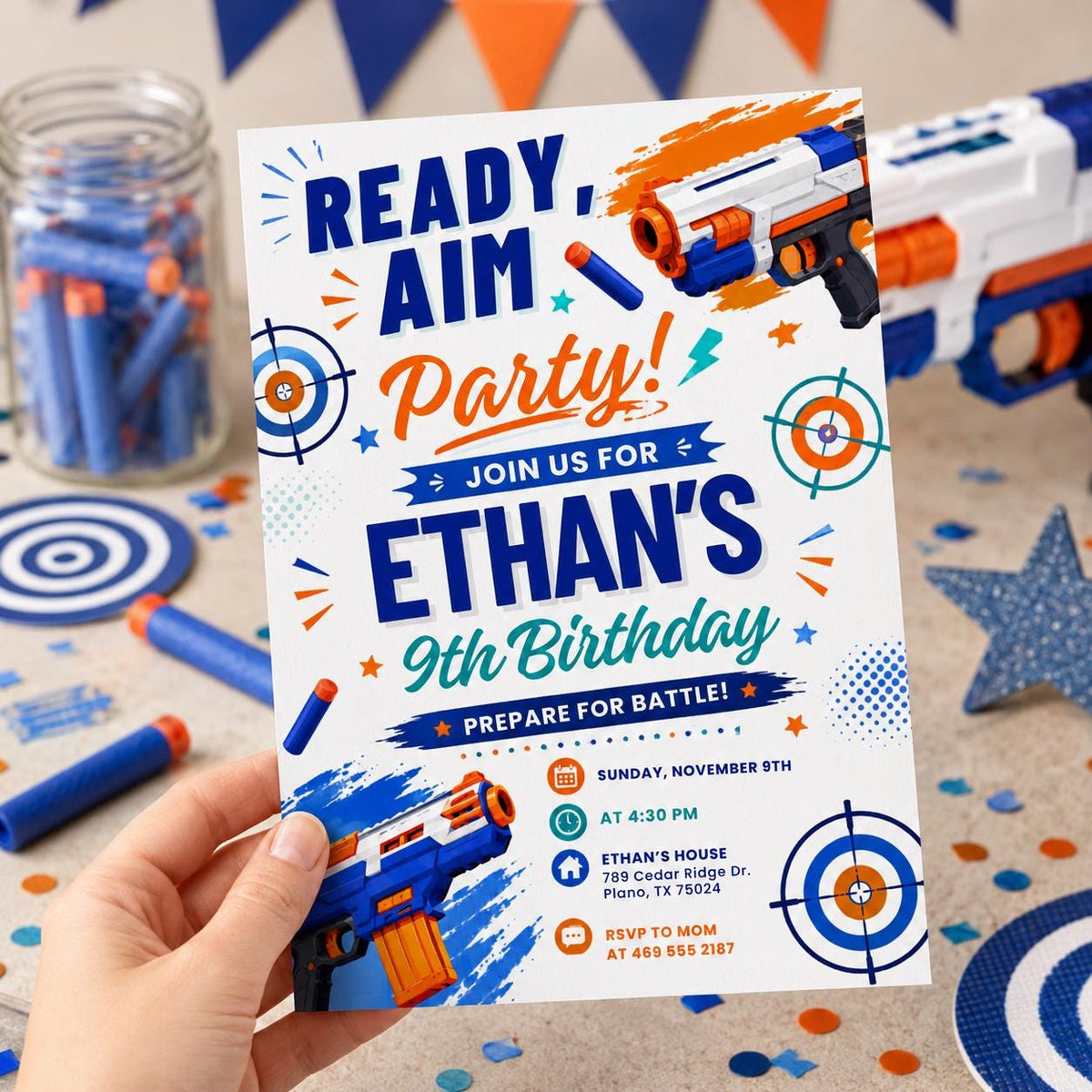 Ready Aim Party Foam Dart 9th Birthday Invitation in blue and orange