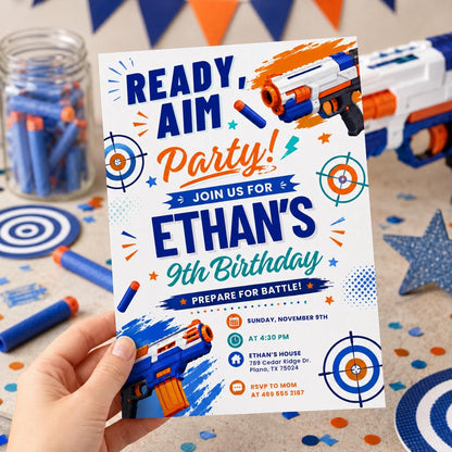 Ready Aim Party Foam Dart 9th Birthday Invitation in blue and orange
