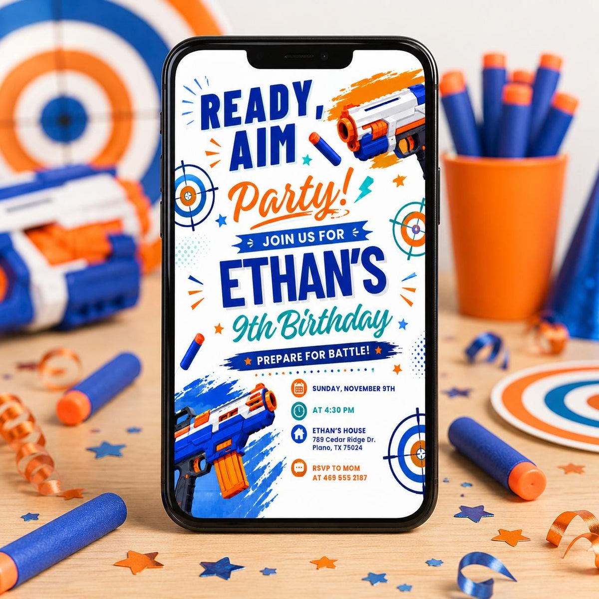Ready Aim Party Foam Dart 9th Birthday Invitation — invitation you personalize in Canva