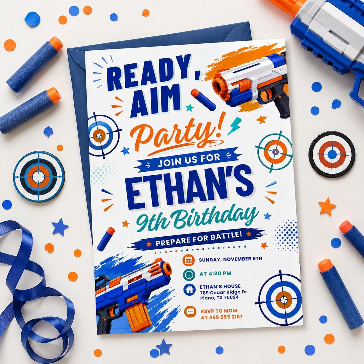 Ready Aim Party Foam Dart 9th Birthday Invitation — print-ready 9th birthday party design from VoltBy