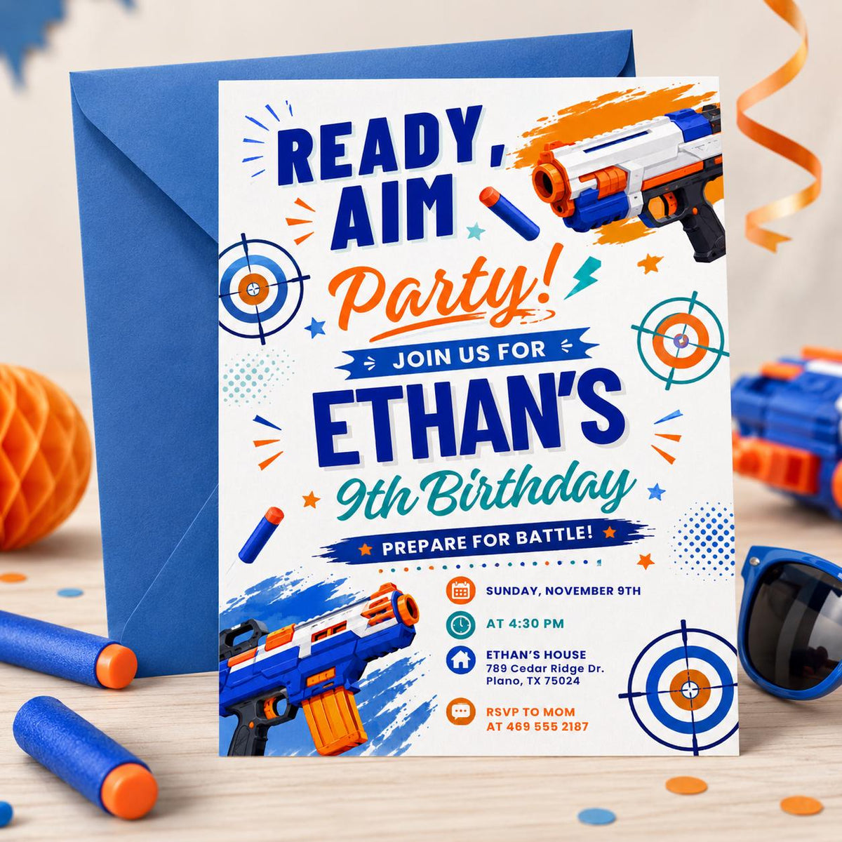 Ready Aim Party Foam Dart 9th Birthday Invitation — digital invitation, instant download