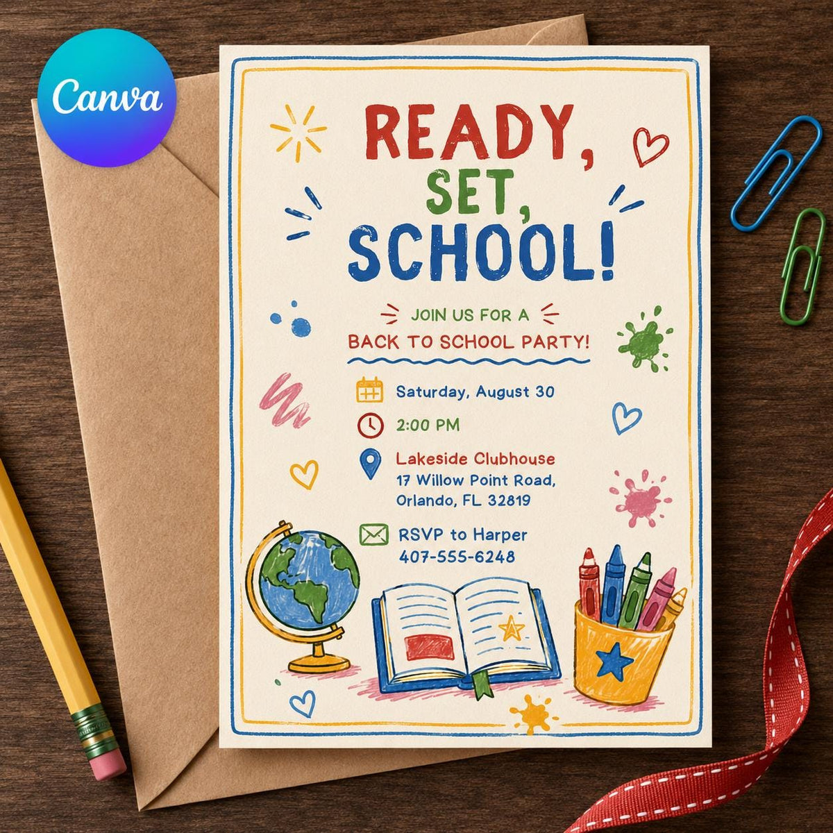 Ready Set School Watercolor Party Invitation — editable Canva template