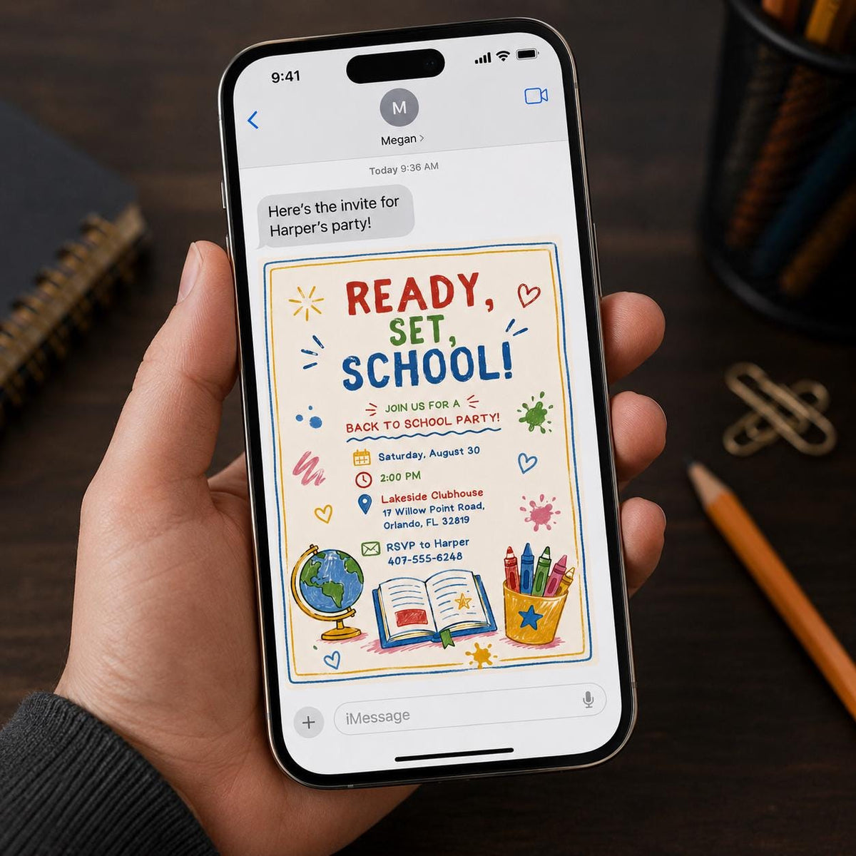 Ready Set School Watercolor Party Invitation — print-ready back-to-school event design from VoltBy