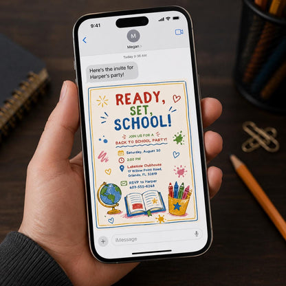 Ready Set School Watercolor Party Invitation — print-ready back-to-school event design from VoltBy